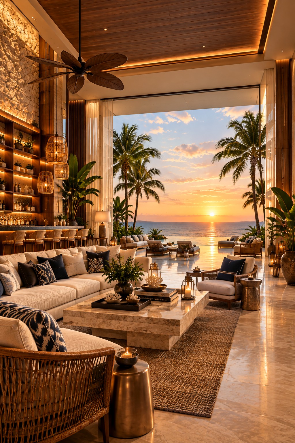 Posh tropical lounge bar with rattan pendant lights opening onto an infinity pool and ocean sunset framed by palm trees