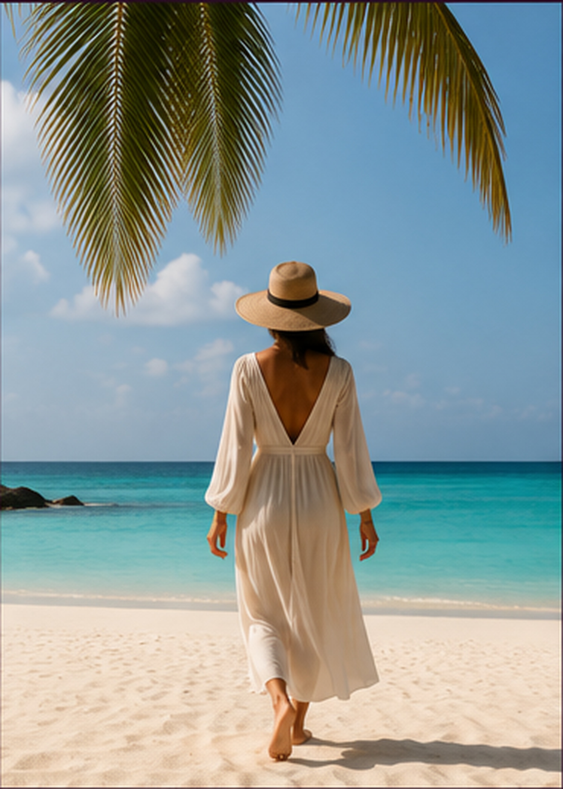 Woman in white walking a tropical beach beneath a palm frond